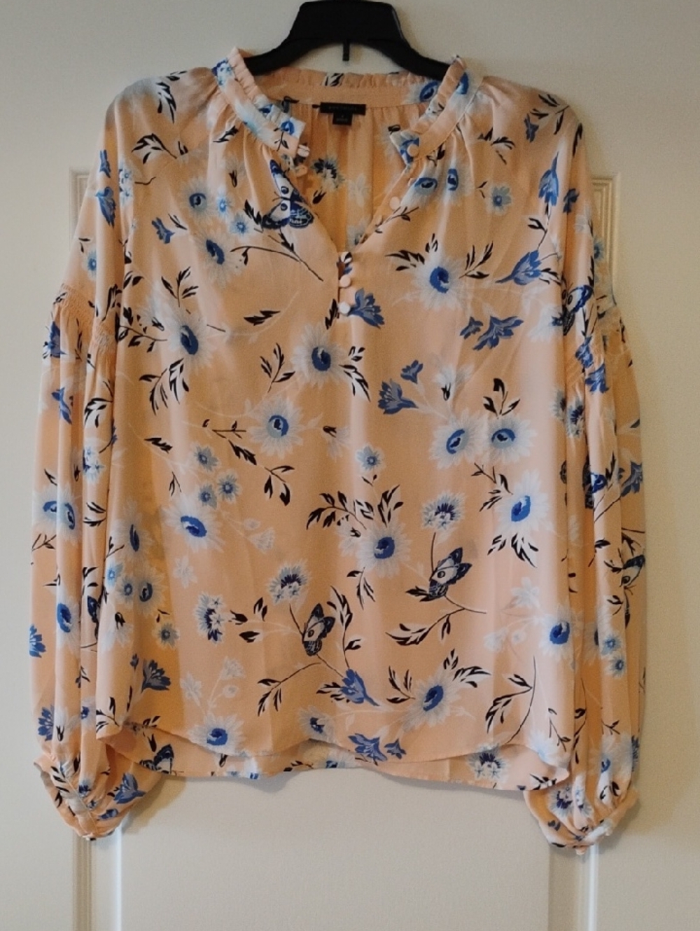 Ann Taylor Peach Blouse with Blue Floral Print